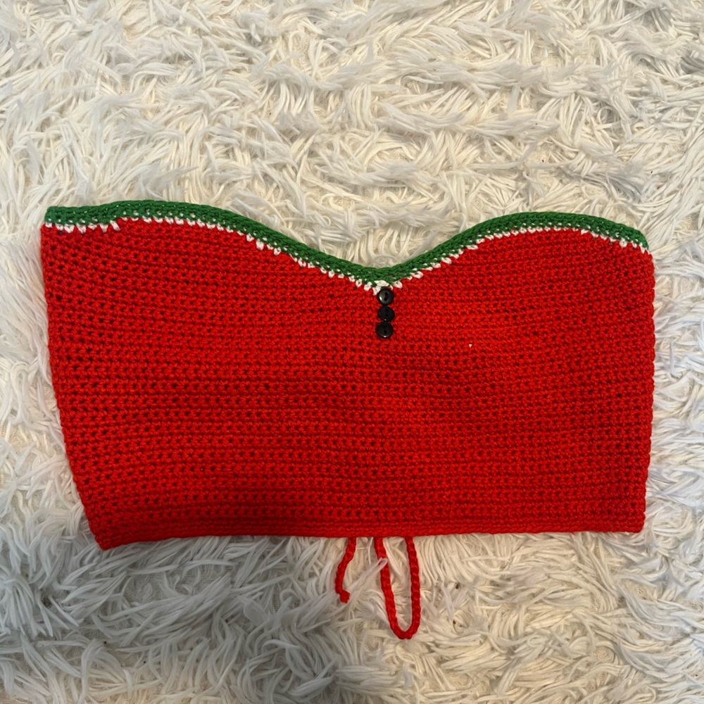 Forever 21 Red Crochet Strapless Crop Top with Green Trim - Size Medium